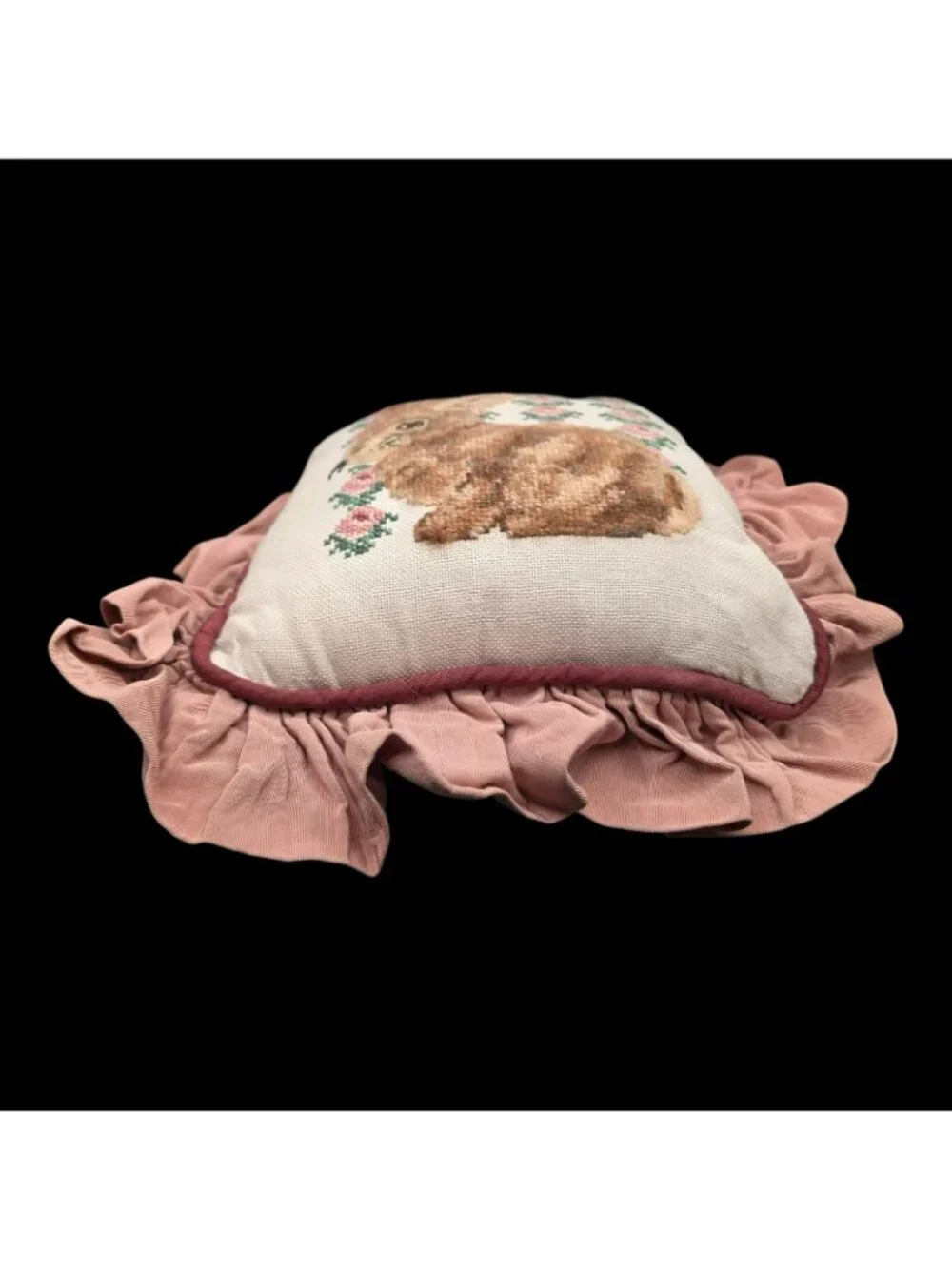 Vintage Bunny Rabbit Needlepoint Pillow Pink Ruffle Floral 10x10